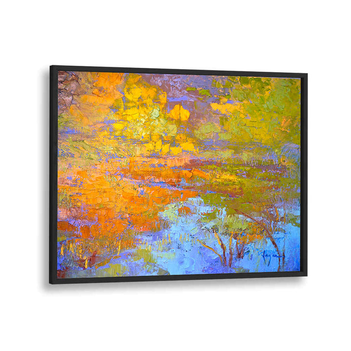 Blackplain Gallery AUTUMN'S PALETTE , LANDSCAPE PAINTINGS: textured autumn marsh with golden trees and blue reflections