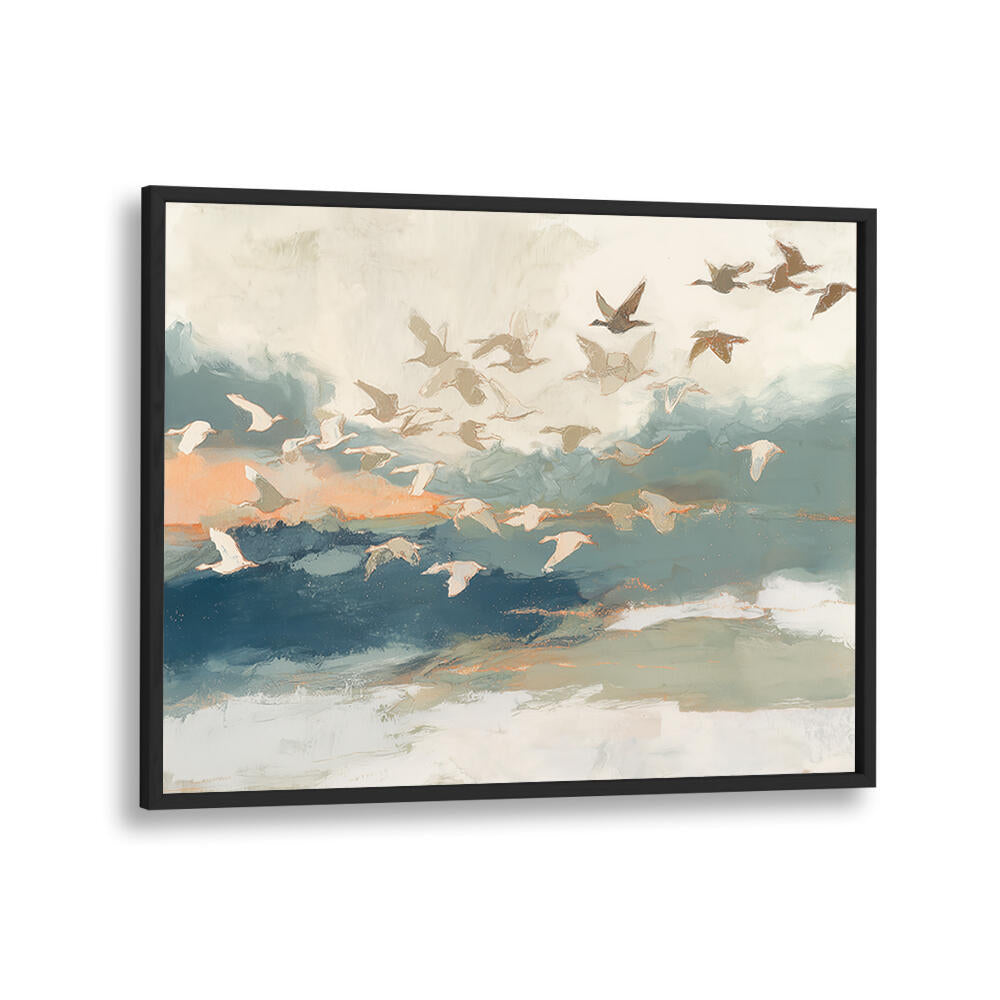 BIRDS IN FLIGHT AT DUSK OVER OPEN WATER