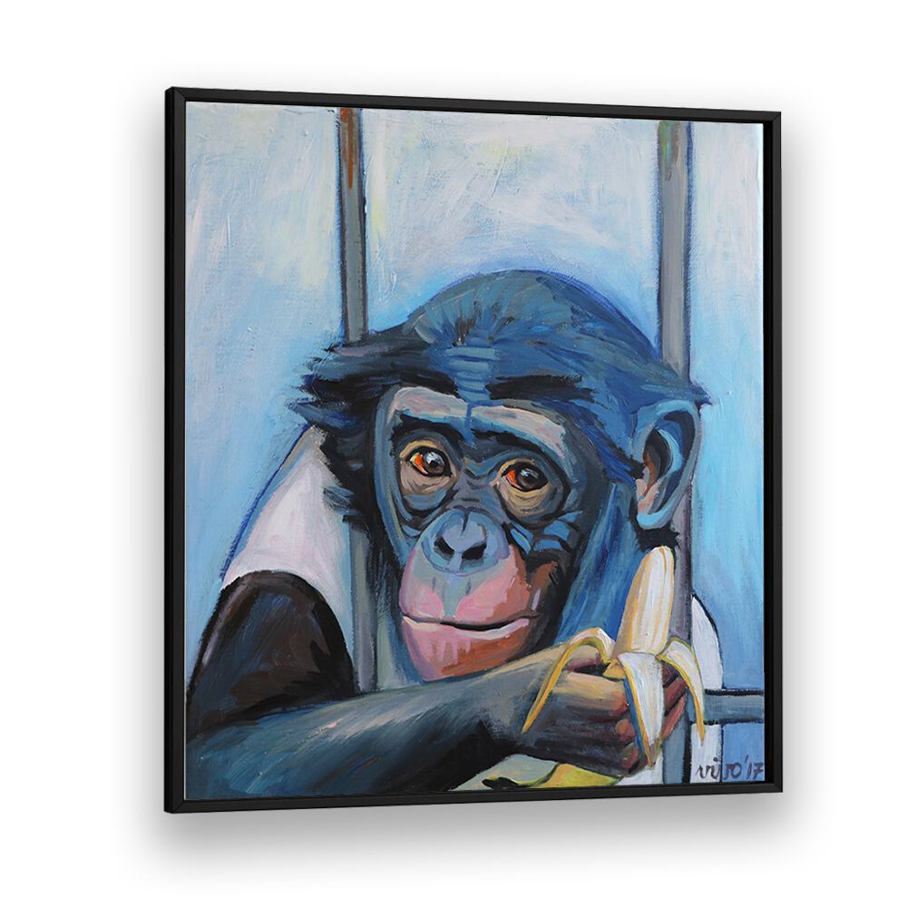 Colorful abstract artwork of a monkey holding a banana, featured in BANANA CONTEMPLATION II, COMIC POSTERS.