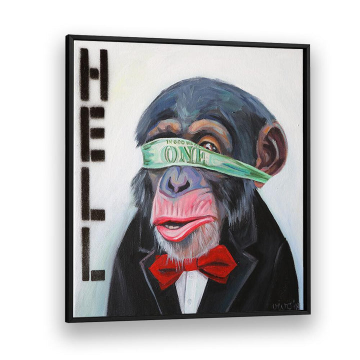 Vibrant BLINDED BY MONEY, COMIC POSTERS featuring a monkey in a tuxedo, perfect for comic art enthusiasts.