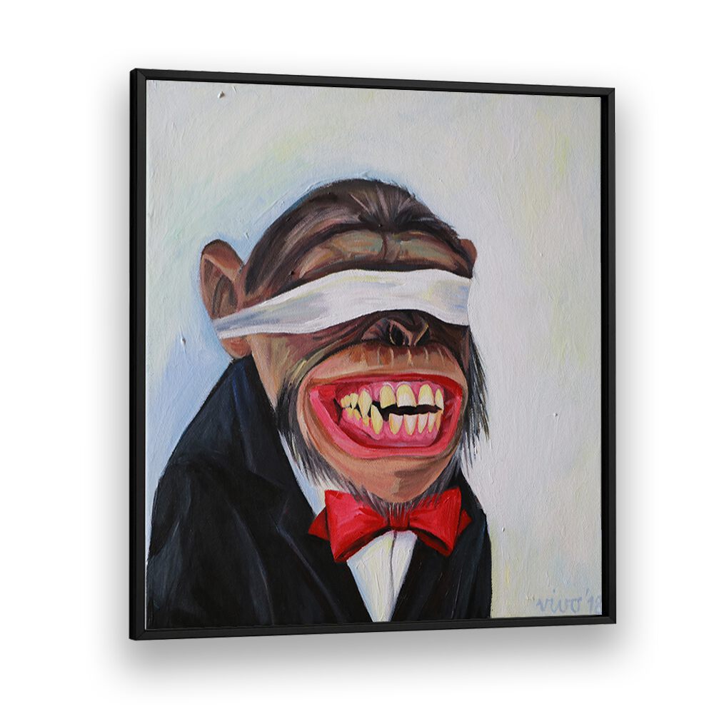 Colorful BLINDFOLDED GRIN, COMIC POSTERS featuring a playful monkey in a suit, perfect for vibrant room decor.