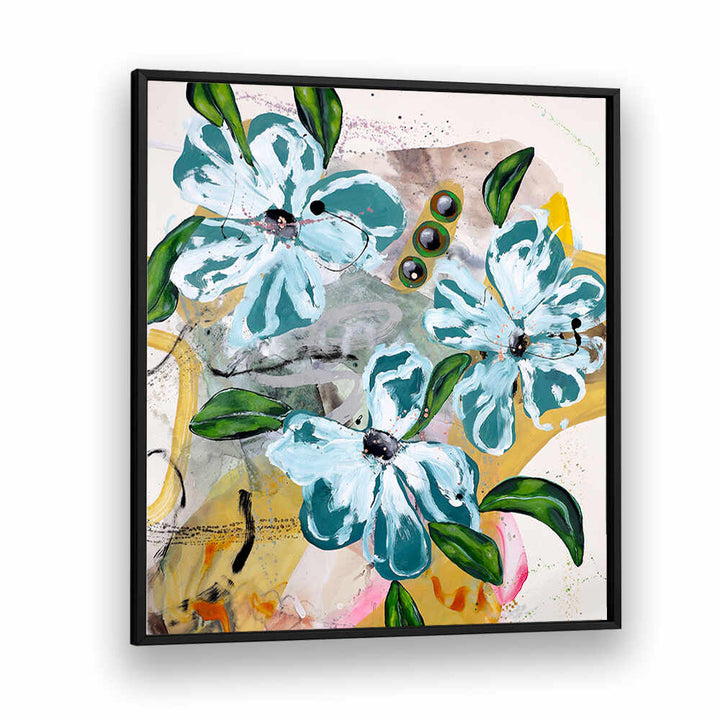 BOLD BLUE AND GREEN FLOWERS , FLORAL FLOWER PAINTINGS