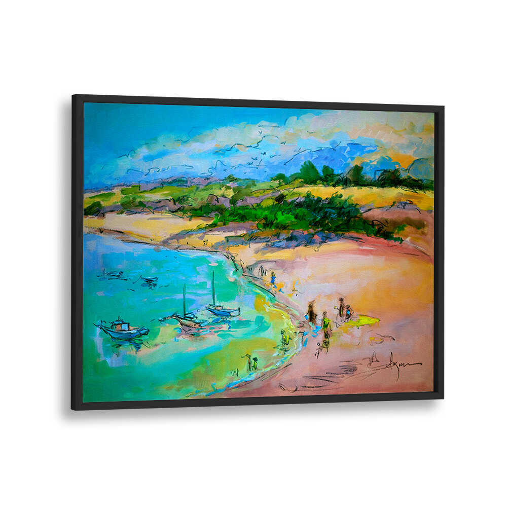 COASTAL SERENITY , LANDSCAPE PAINTINGS at BLACKPLAIN: framed coastal scene with pastel skies, boats in turquoise bay and sandy beach