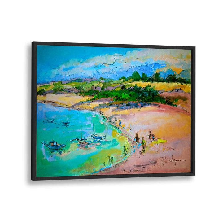 COASTAL SERENITY , LANDSCAPE PAINTINGS at BLACKPLAIN: framed coastal scene with pastel skies, boats in turquoise bay and sandy beach