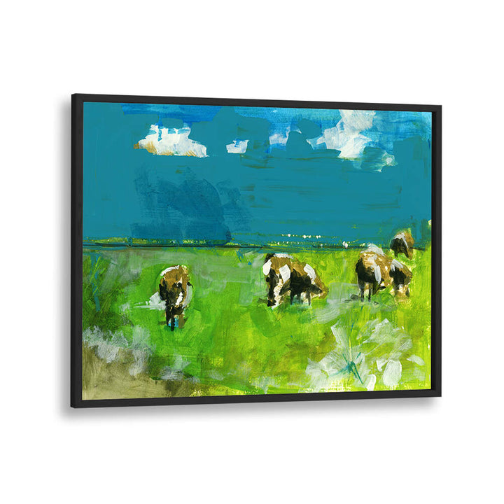 Cows in Landscape II, landscape paintings feature serene cows grazing in a vibrant, lush countryside scene.