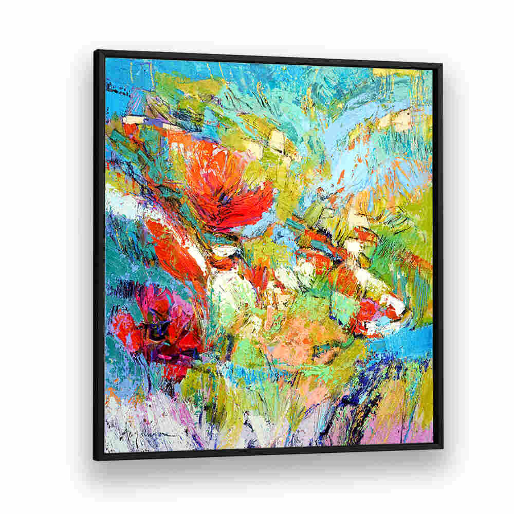Vibrant framed FLORAL HARMONY BURST , ABSTRACT PAINTINGS with bold red, teal and yellow floral abstractions