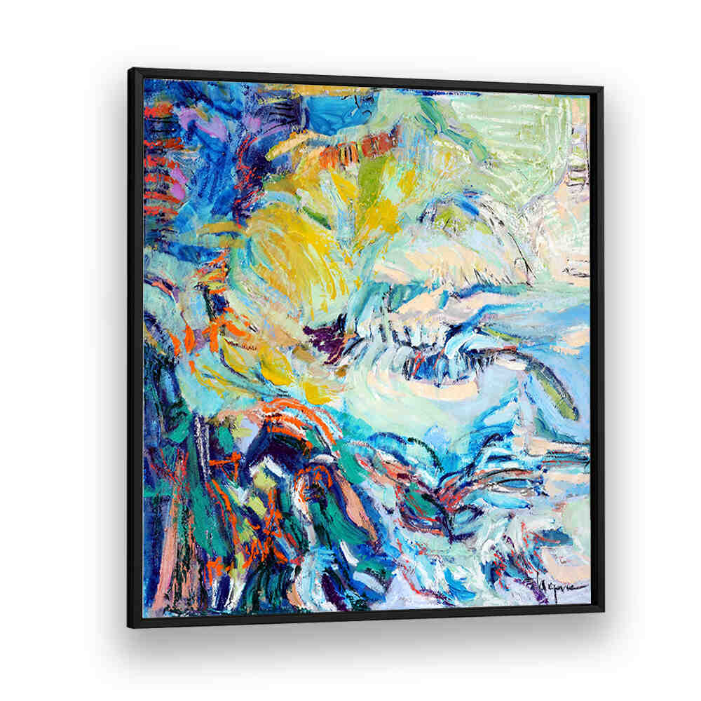 Blackplain framed canvas featuring FLOWING HUES , ABSTRACT PAINTINGS with vibrant blue, yellow and teal swirls