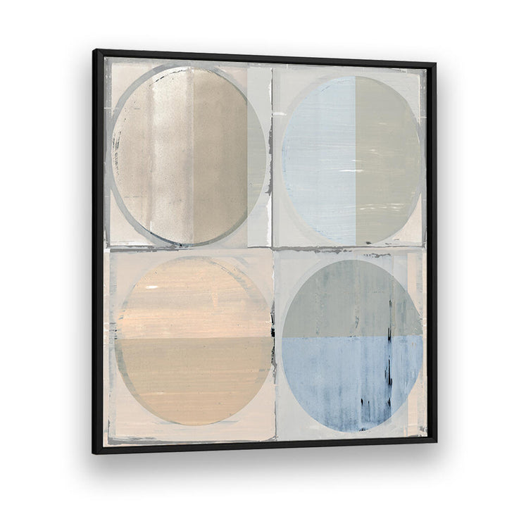FOUR CIRCLES AND SQUARES I, GEOMETRIC ART PRINTS featuring modern design in soothing colors for elegant decor.