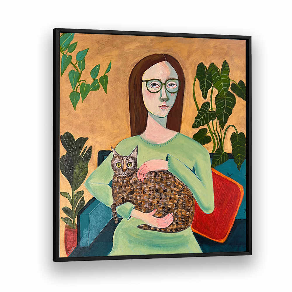 LADY WITH HER CAT IN LOUNGEROOM , PORTRAITS & FIGURATIVE ILLUSTRATIONS