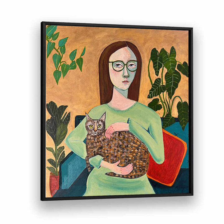 LADY WITH HER CAT IN LOUNGEROOM , PORTRAITS & FIGURATIVE ILLUSTRATIONS