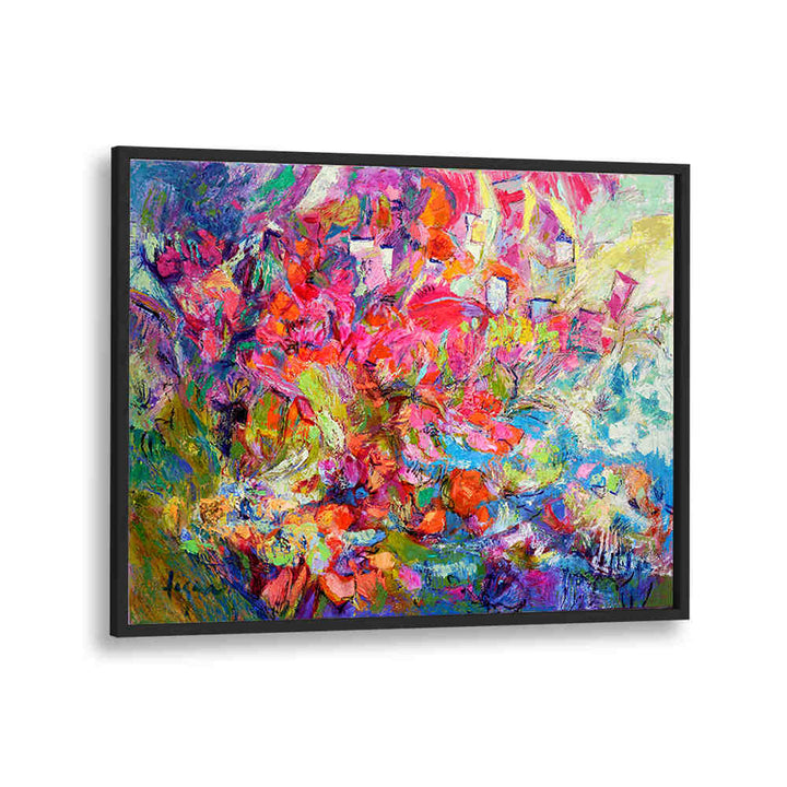 Vibrant framed floral canvas with pastel blooms — LUMINOUS PETAL CASCADE , FLORAL FLOWER PAINTINGS