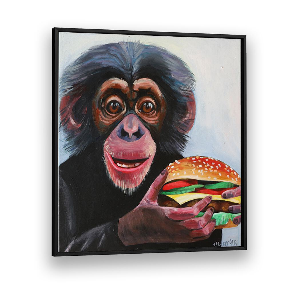 Vibrant MONKEY HOLDING A HAMBURGER, COMIC POSTERS design adds whimsy to your comic book decor at Blackplain.