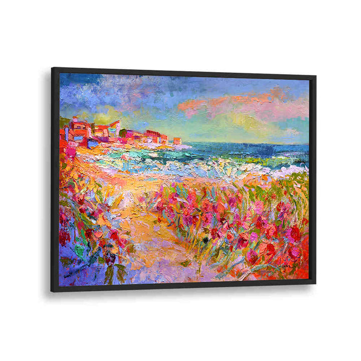Framed coastal landscape with vibrant wildflowers and sea — NATURE’S VIVID BEAUTY , LANDSCAPE PAINTINGS in bold textured color