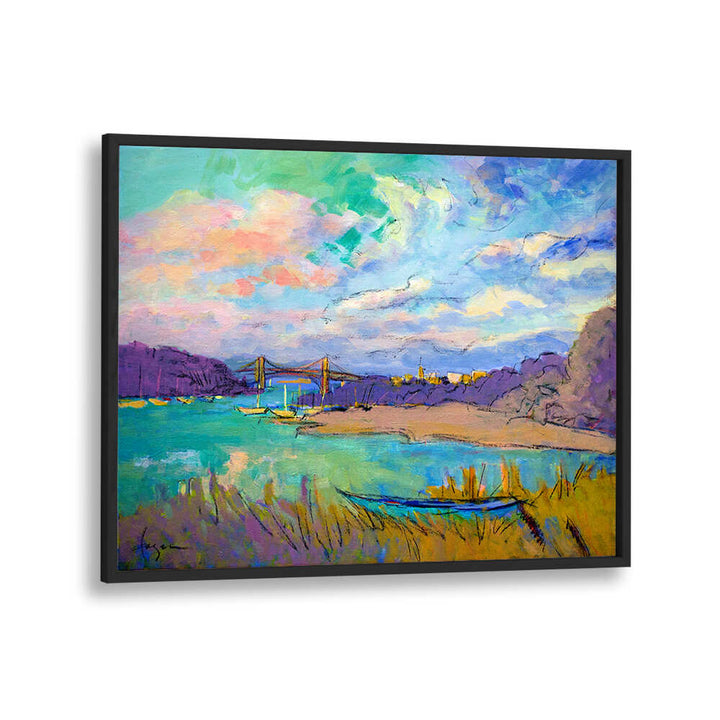 SERENE RIVER SKIES , LANDSCAPE PAINTINGS wall art by BlackPlain showing colorful river, boats, bridge and pastel sky
