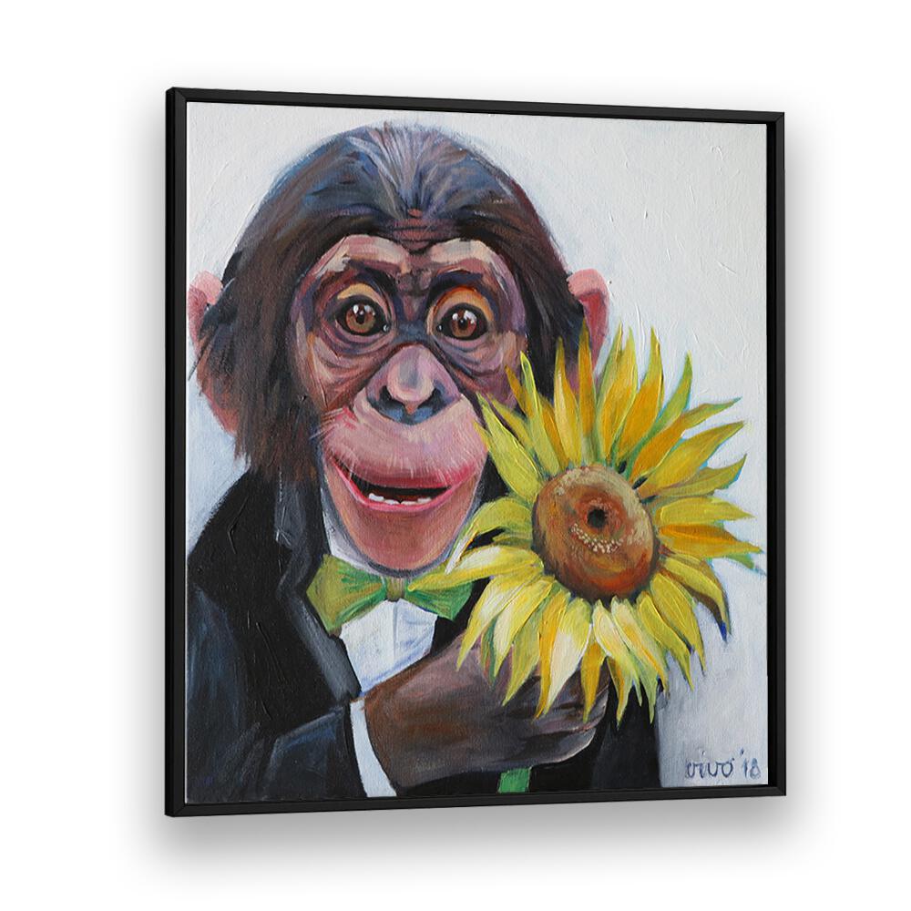 Vibrant SUNFLOWER SURPRISE, COMIC POSTERS artwork featuring a monkey in a tuxedo holding a sunflower. Perfect for collectors!
