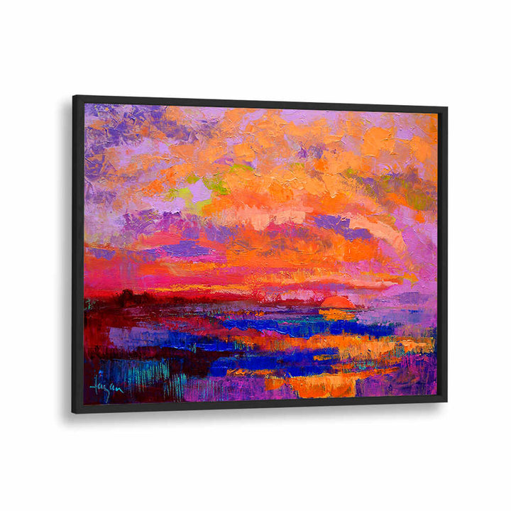 SUNSET HUES , LANDSCAPE PAINTINGS by BlackPlains, textured framed sunset with vivid orange pink purple layers