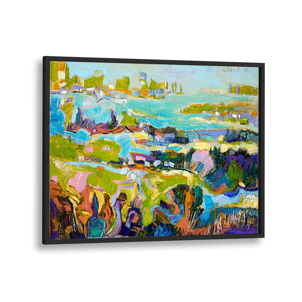VIBRANT LANDSCAPE , LANDSCAPE PAINTINGS: framed abstract coastal scene with bold colorful brushstrokes and layered textures