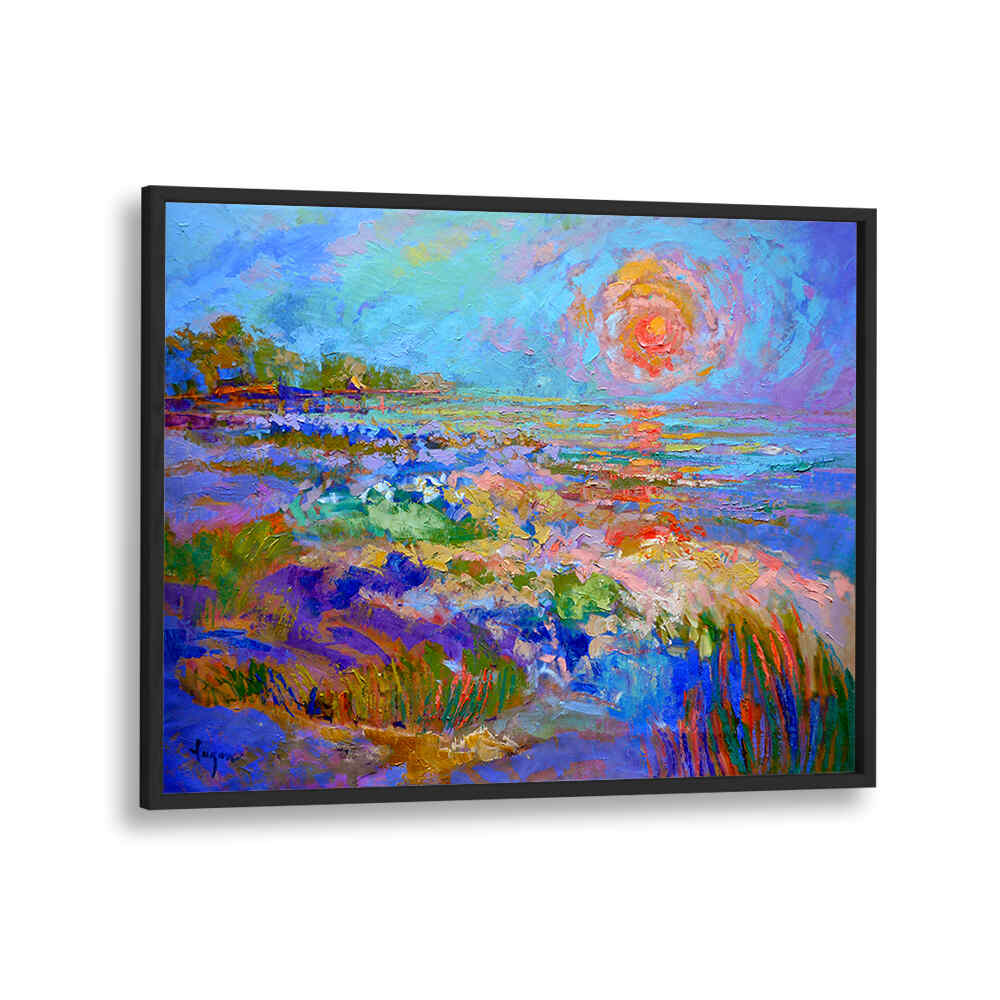 Framed sunrise seascape with radiant textured brushwork — VIVID HORIZON GLOW , LANDSCAPE PAINTINGS by BlackPlain