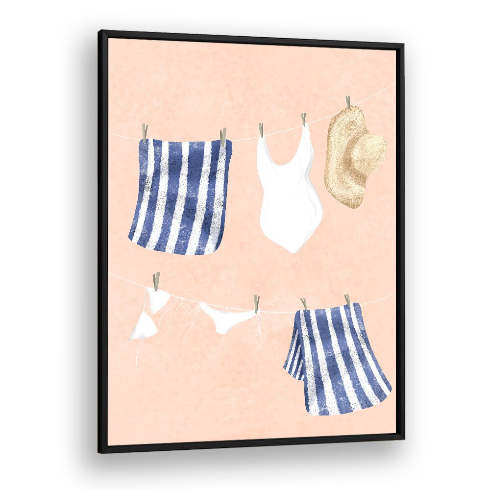 Whimsical AFTER THE SWIM, KIDS ROOM PAINTINGS featuring swimsuits and towels on a pastel backdrop, perfect for playful decor.