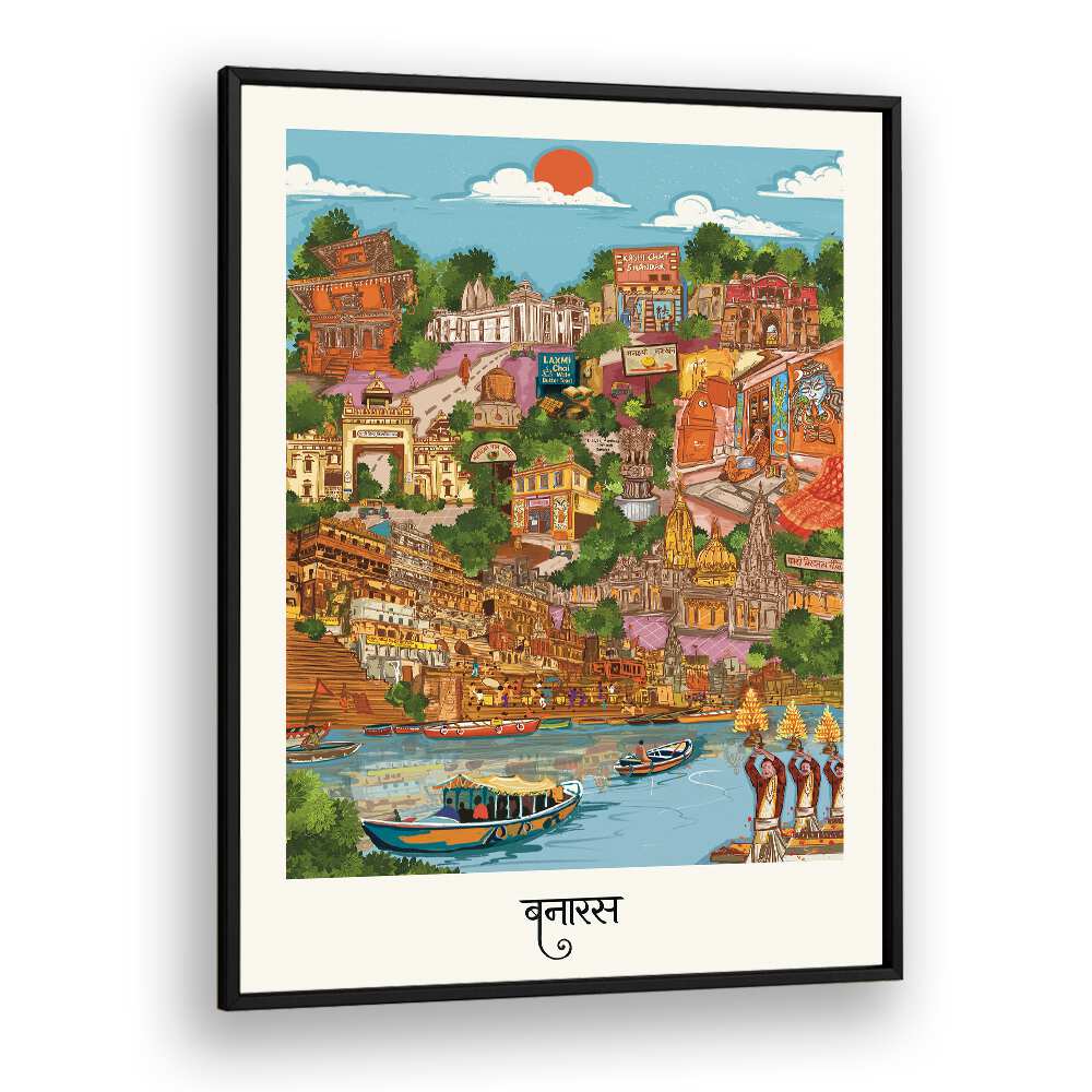 Colorful Varanasi travel poster showcasing iconic landmarks, perfect for travel enthusiasts and art lovers alike.