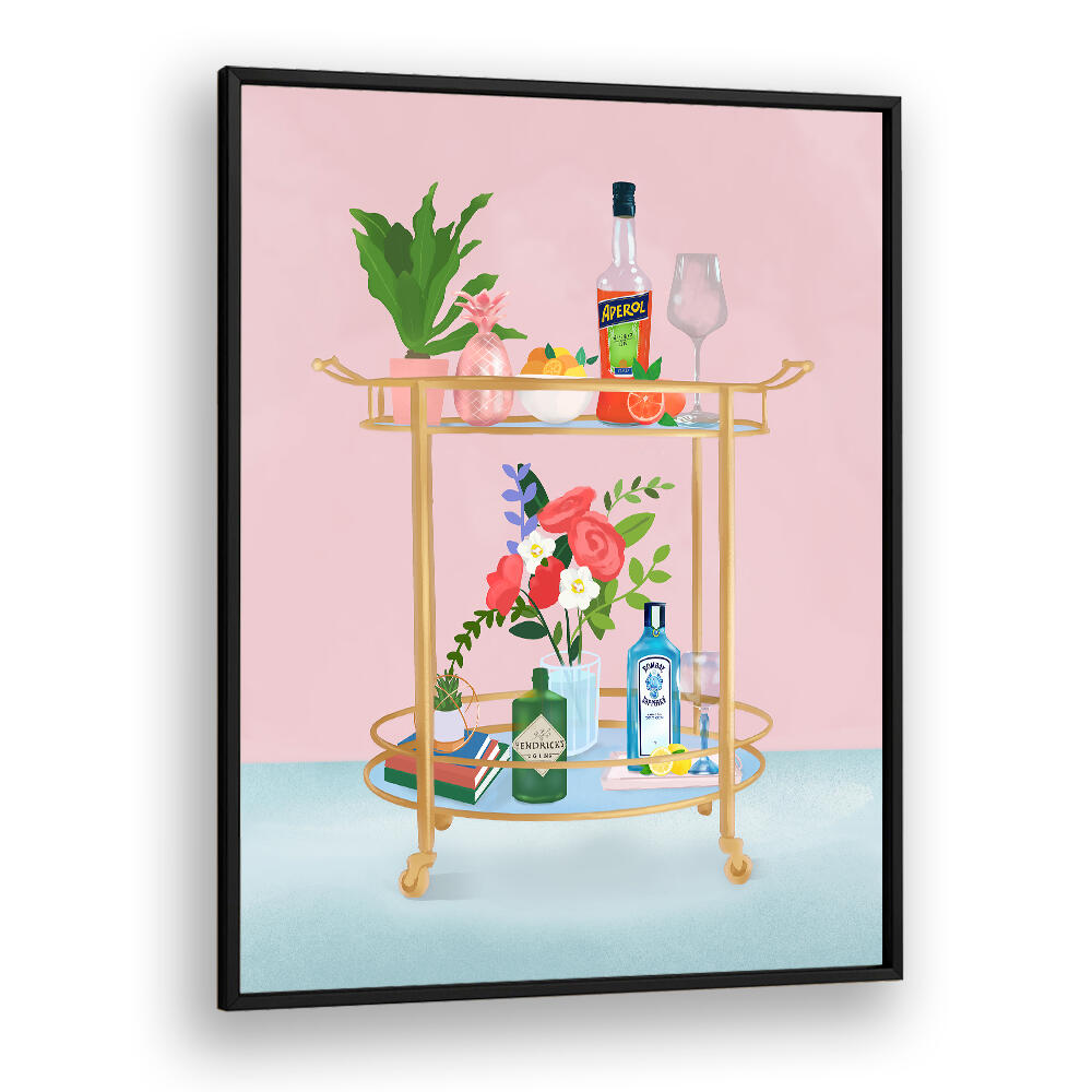 BAR CART , BAR & CAFE ART print featuring a gold bar cart with bottles and flowers on pink background.