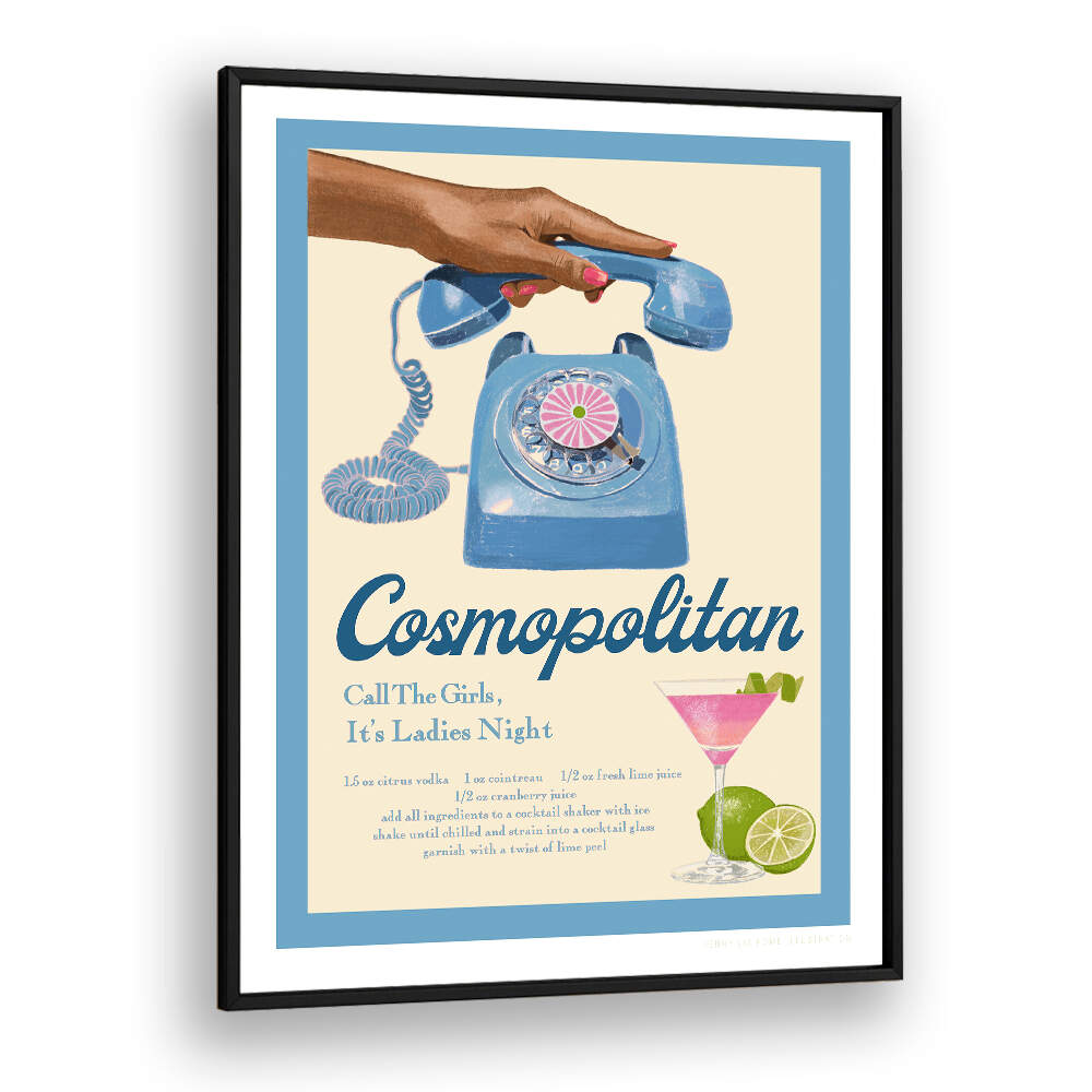 Stylish BLUE COSMO, FASHION POSTERS featuring a retro telephone and cocktail, perfect for modern decor.