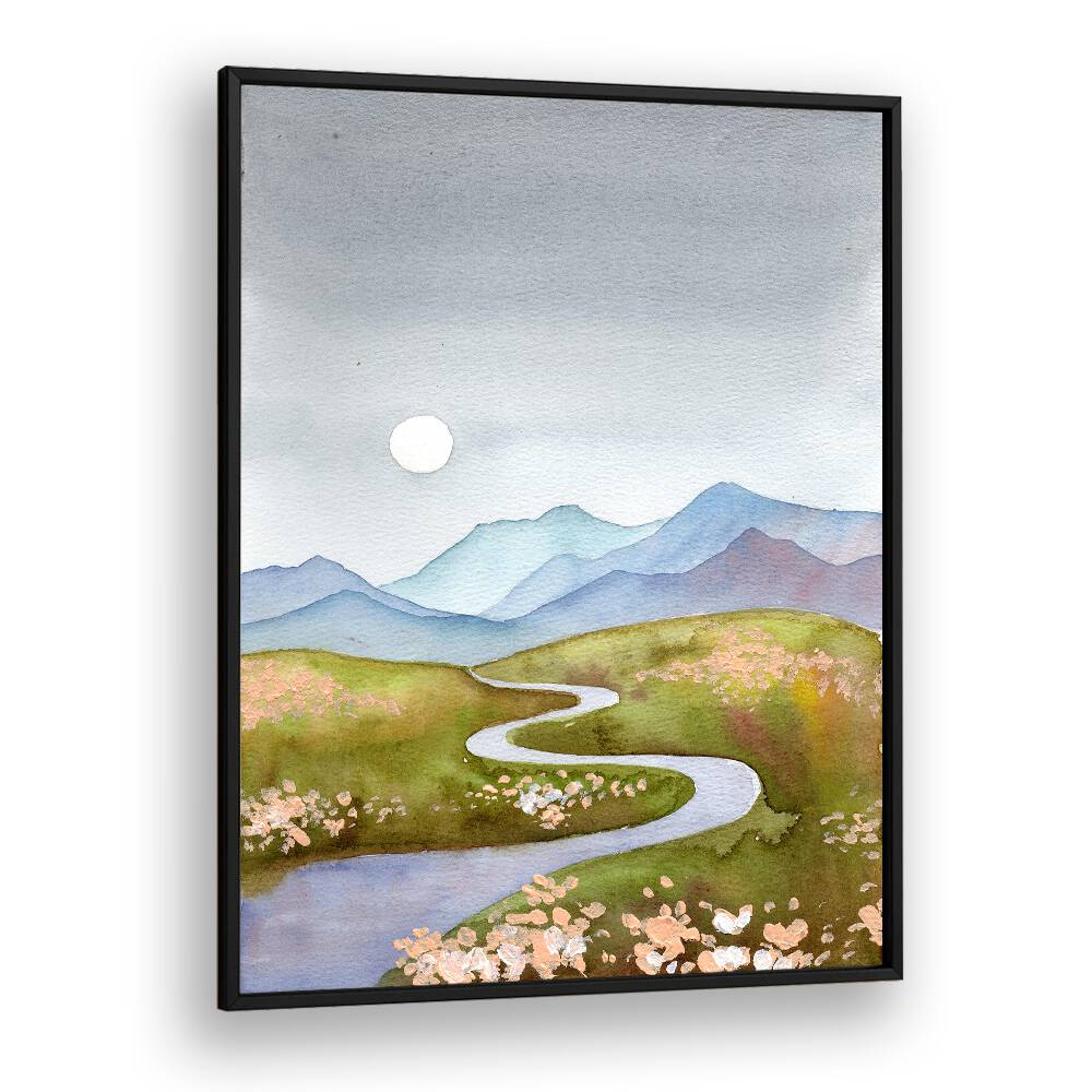 Serene BLUE GRAY HILLS landscape paintings featuring rolling hills and a winding river, perfect for home decor.