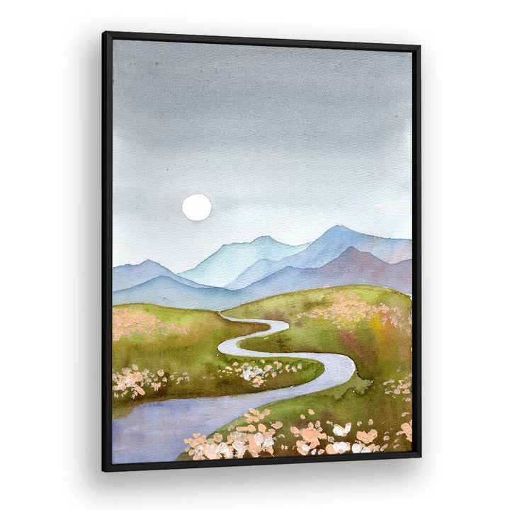 Serene BLUE GRAY HILLS landscape paintings featuring rolling hills and a winding river, perfect for home decor.