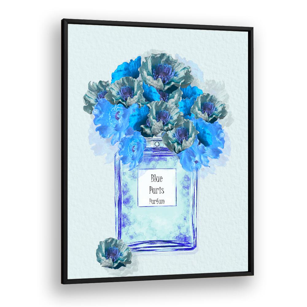 Artistic depiction of BLUE PARIS PARFUM, FASHION POSTERS featuring vibrant blue flowers and an elegant perfume bottle.