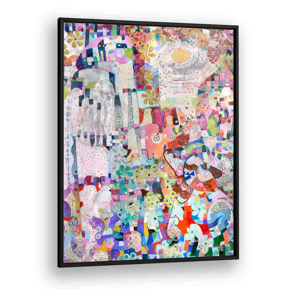 BlackPlain framed artwork COVID SPRING , ABSTRACT PAINTINGS showing colorful layered abstract with pastel color fields, textured brushwork and floral motifs
