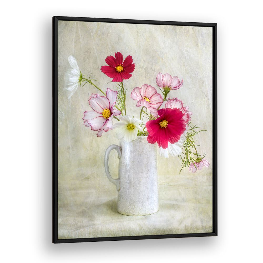 Vibrant COSMOS CARNIVAL, FLORAL FLOWER PAINTINGS featuring colorful flowers in a rustic vase for event decor.