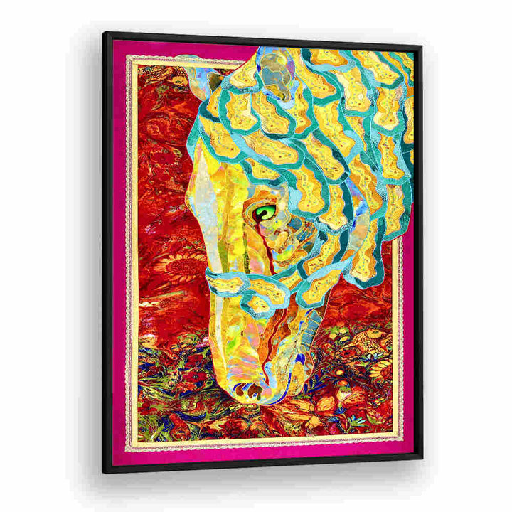 Colorful animal painting titled "FIRE & MANE," featuring a vibrant horse head against a fiery background.