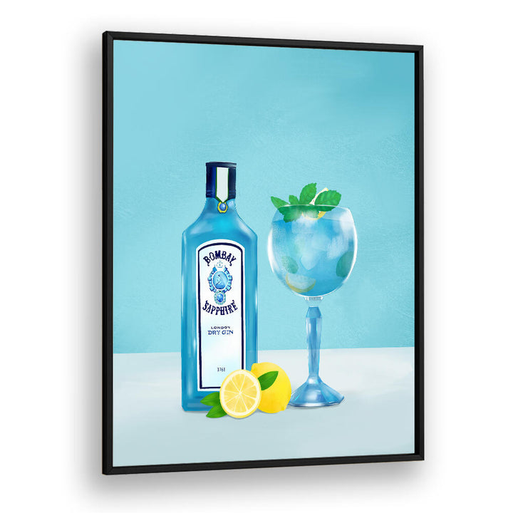 GIN COCKTAIL , BAR artwork: Bombay Sapphire gin bottle and blue cocktail glass BlackPlain