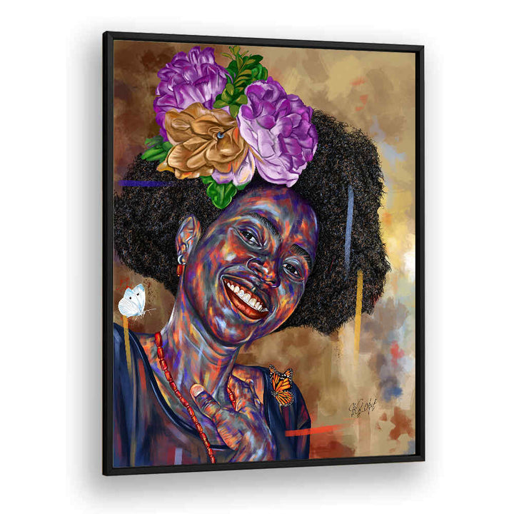 GOOD FEELINGS , PORTRAITS vibrant figurative portrait by BlackPlain of smiling woman with flowers and butterflies