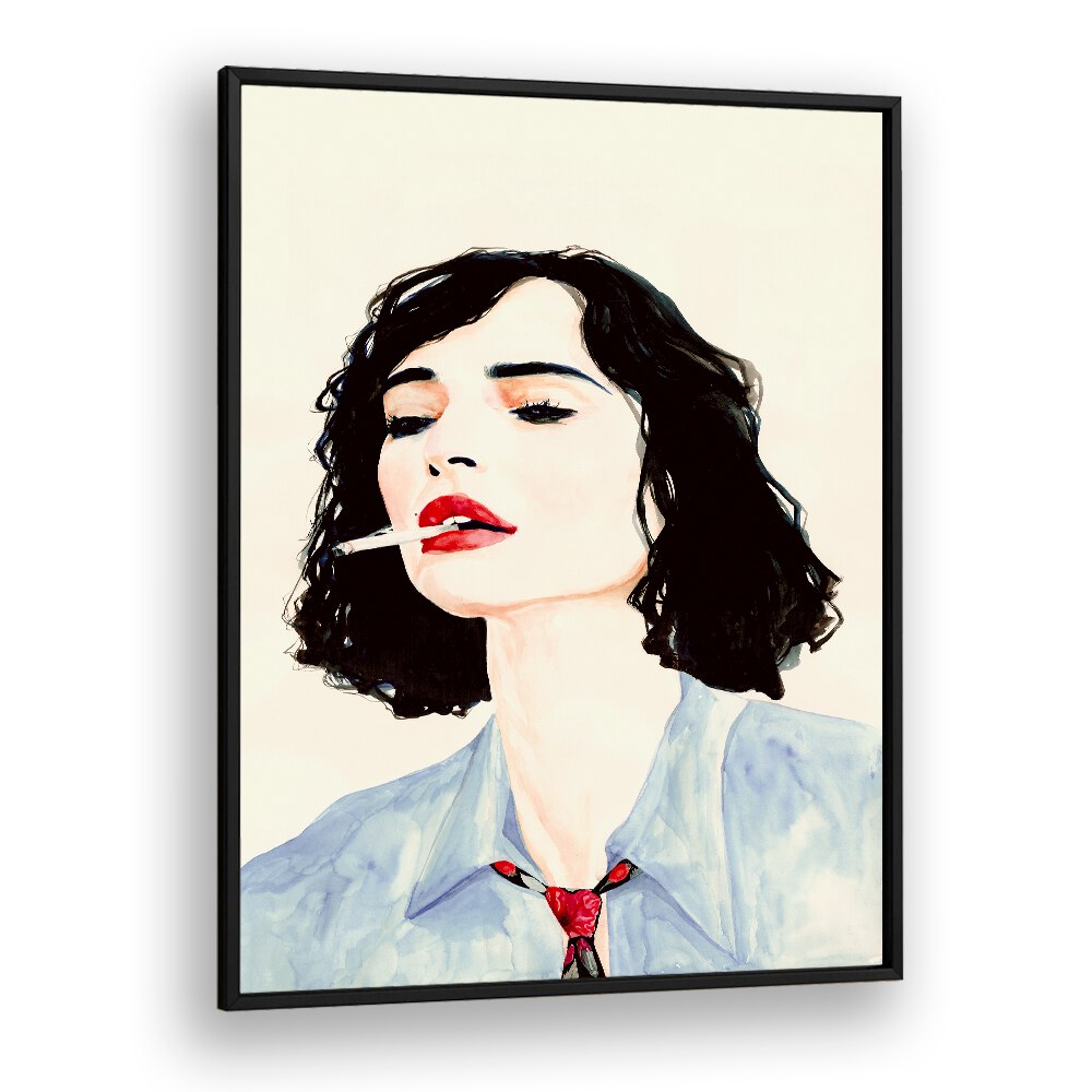 Stylish woman with cigarette embodies elegance in LE RÊVE FRANÇAIS, FASHION POSTERS for chic decor.