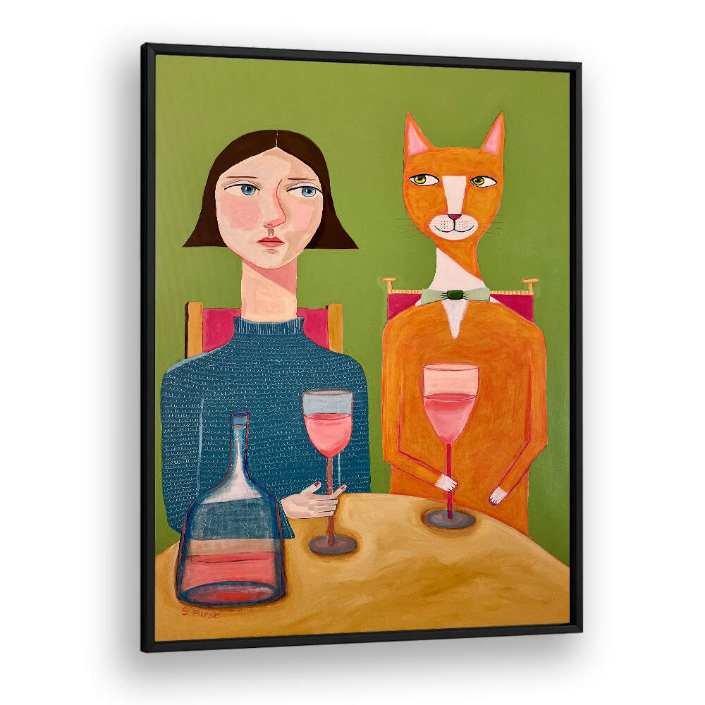 LADY AND CAT DRINKING WINE  , PORTRAITS & FIGURATIVE ILLUSTRATIONS