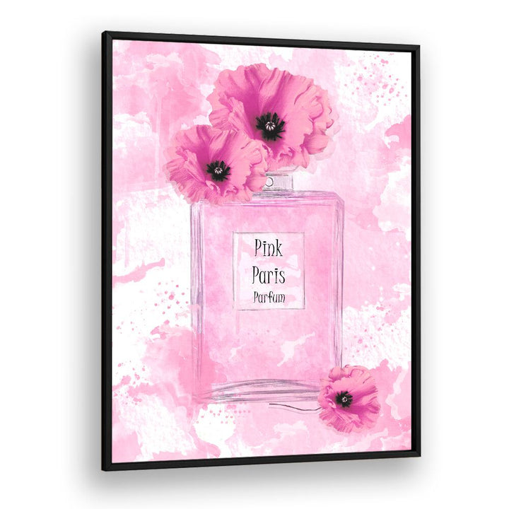Elegant PINK PARIS PARFUM fashion poster featuring a luxurious perfume bottle and vibrant pink flowers. Perfect for decor.