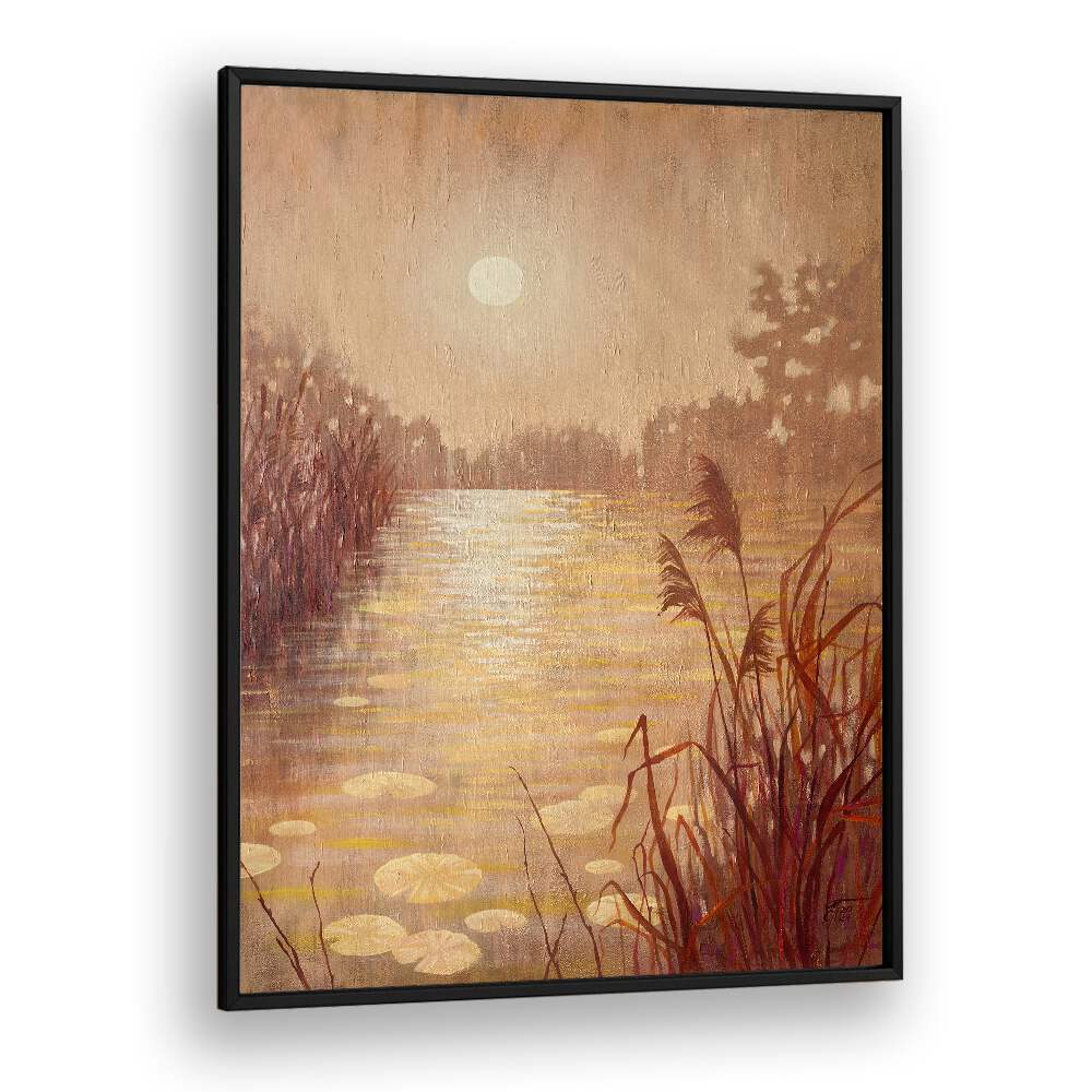 Pond with Reeds at Sunset, landscape paintings showcase serene nature in vibrant orange and gold hues, perfect for home decor.