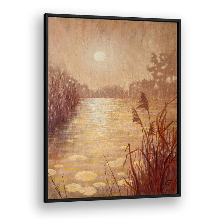 Pond with Reeds at Sunset, landscape paintings showcase serene nature in vibrant orange and gold hues, perfect for home decor.
