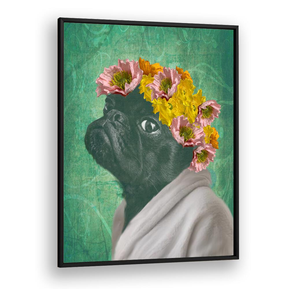 Stylish PUG PORTRAIT, FASHION POSTERS featuring a charming pug adorned with flowers, perfect for dog lovers.