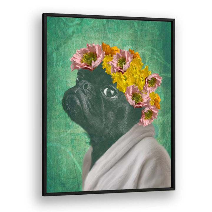 Stylish PUG PORTRAIT, FASHION POSTERS featuring a charming pug adorned with flowers, perfect for dog lovers.