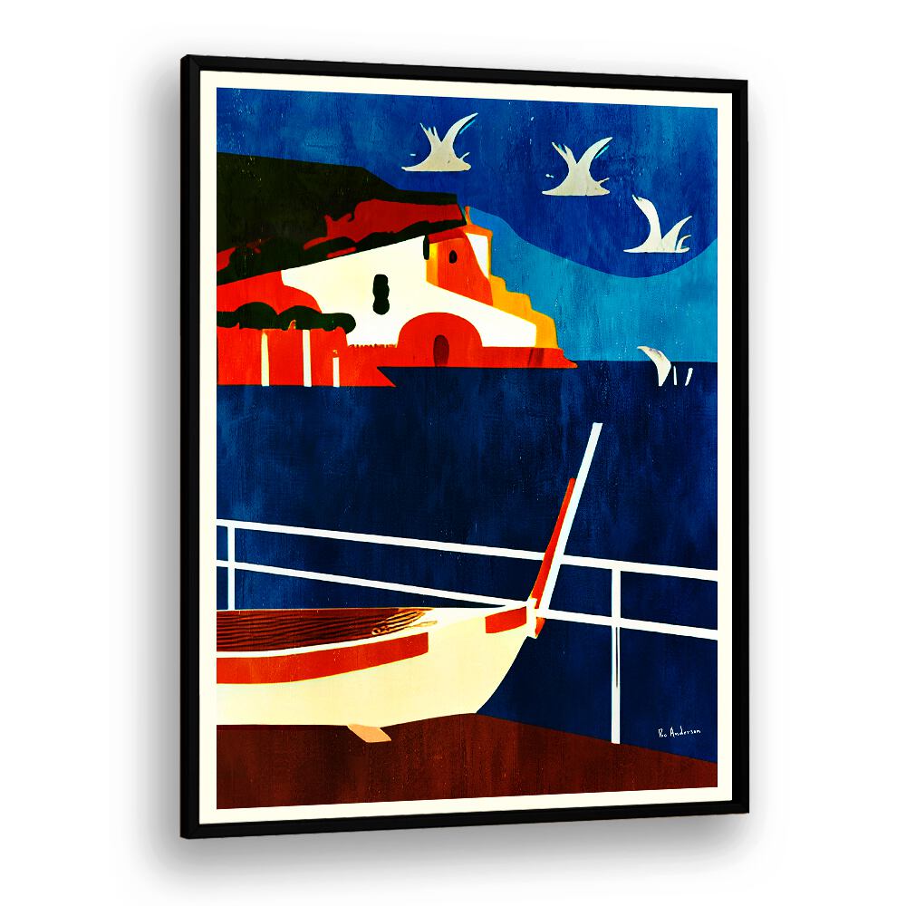 Colorful LA CORSE, BEACH PAINTINGS featuring a serene coastal scene with a boat, perfect for brightening your space.
