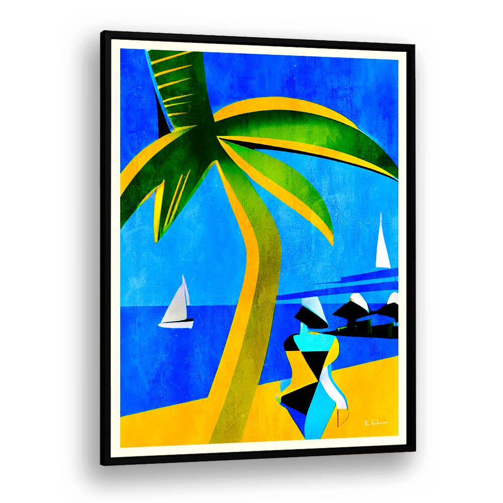 Vibrant TAHITI Beach Paintings showcasing a tropical scene with palm trees and sailboats, perfect for home decor.