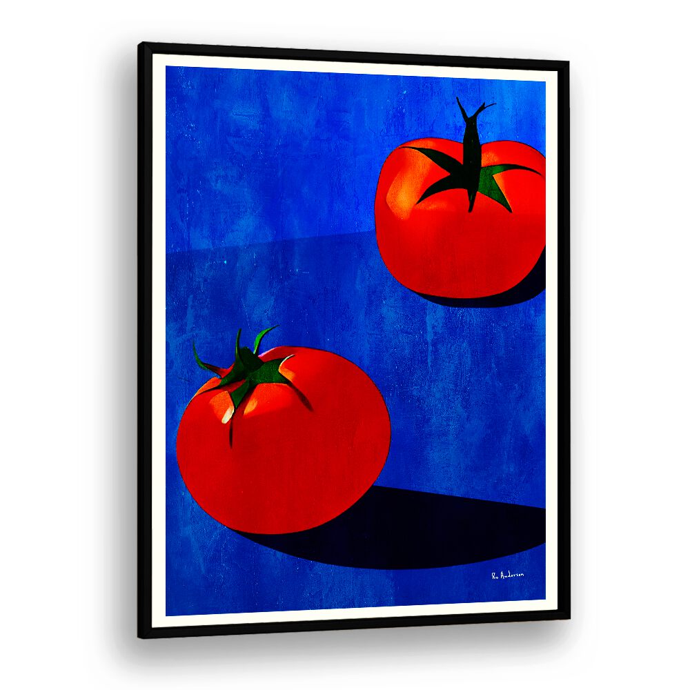 Bright red tomatoes against a blue background in DEUX TOMATES, KITCHEN POSTERS, perfect for vibrant kitchen decor.