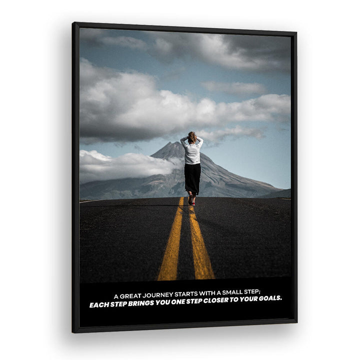 SMALL STEPS , QUOTES poster by BlackPlain, person walking on a road toward mountains.