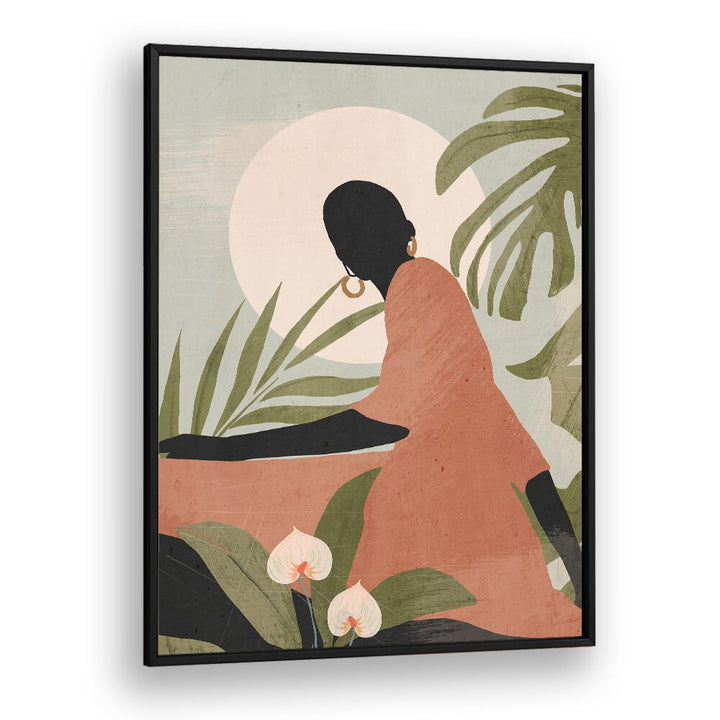 Serene Sunlit Silhouette, boho art paintings featuring a striking silhouette surrounded by lush greenery and soft hues.