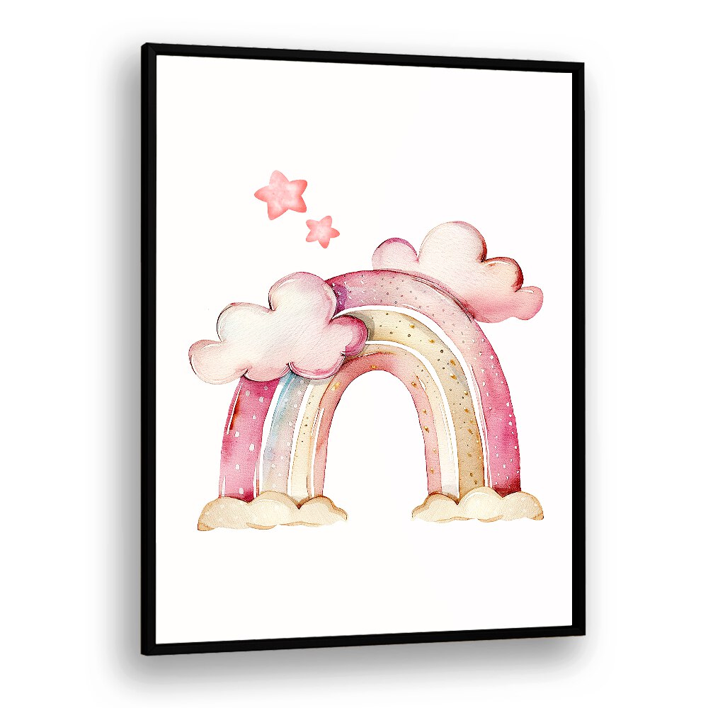 Whimsical STARRY PINK, KIDS ROOM PAINTINGS featuring a rainbow and clouds, perfect for a child's magical bedroom.