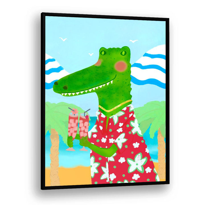 Vibrant TROPICAL REFRESHMENTS, KIDS ROOM PAINTINGS featuring a playful alligator with tropical drinks for kids' decor.