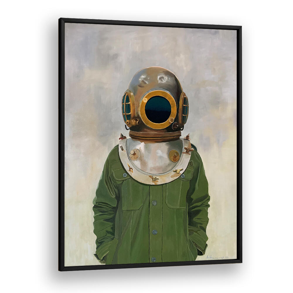 VINTAGE DIVER'S HELMET ON A PERSON , PORTRAITS & FIGURATIVE ILLUSTRATIONS