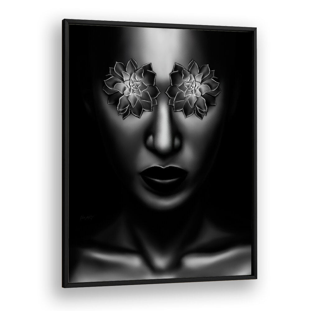 Bold black and white artwork featuring floral motifs on a face, perfect for YEUX FLEUR, POP ART PAINTINGS enthusiasts.